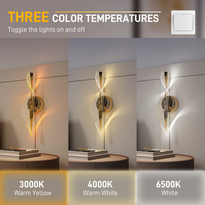 HOMCOM Led Wall Lamp 2 Pack, 13W Modern Indoor Spiral Wall Light, Colour Temperature Adjustable 3000K/4000K/6500K, for Bedroom, Living Room, Hallway, Stairs, Gold Tone 