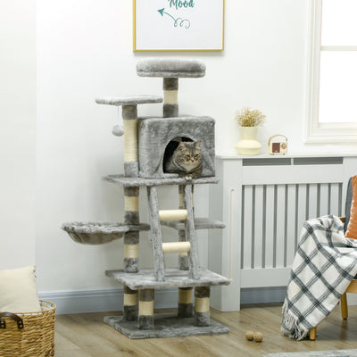 PawHut 132cm Cat Tree with Scratching Post, House, Hammock, Toy Balls - Grey 