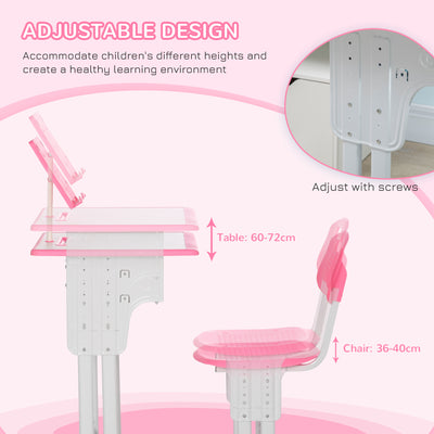 HOMCOM Kids Adjustable Desk and Chair Set, Book Stand, Pen Slot - Pink 