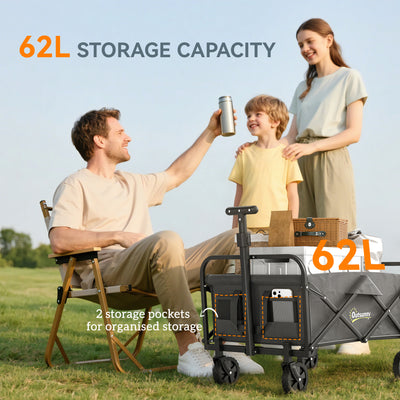 Outsunny 62L Festival Trolley on Wheels, Garden Folding Trolley Cart, 120kg Heavy Duty Collapsible Folding Wagon with Adjustable Handle and Carrying Bag for Beach, Camping, Festival, Grey 