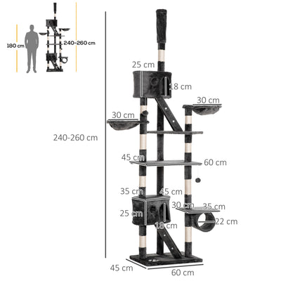 PawHut Floor-to-Ceiling Cat Tree for Indoor Cats, 240-260cm Adjustable Cat Tree - Dark Grey 