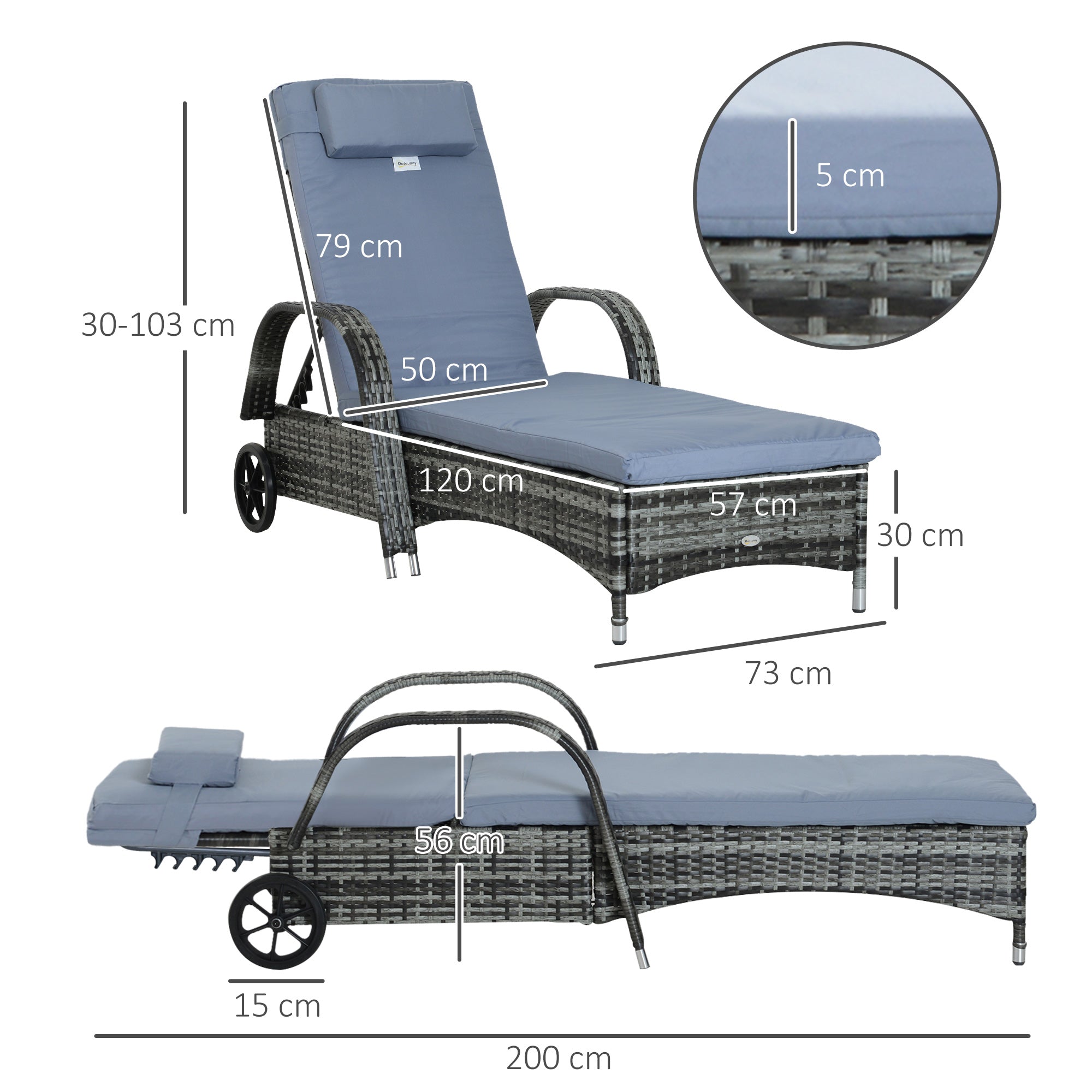 Outsunny Garden Rattan Furniture Single Sun Lounger Recliner Bed Reclining Chair Patio Outdoor Wicker Weave Adjustable Headrest with Fire Retardant Cushion - Grey 