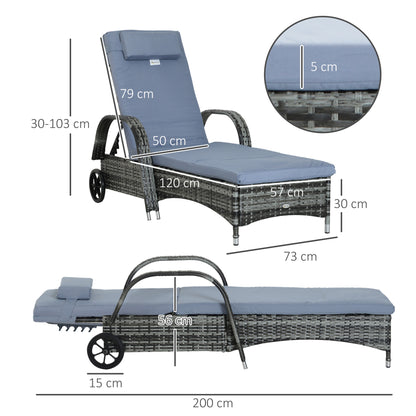 Outsunny Garden Rattan Furniture Single Sun Lounger Recliner Bed Reclining Chair Patio Outdoor Wicker Weave Adjustable Headrest with Fire Retardant Cushion - Grey 