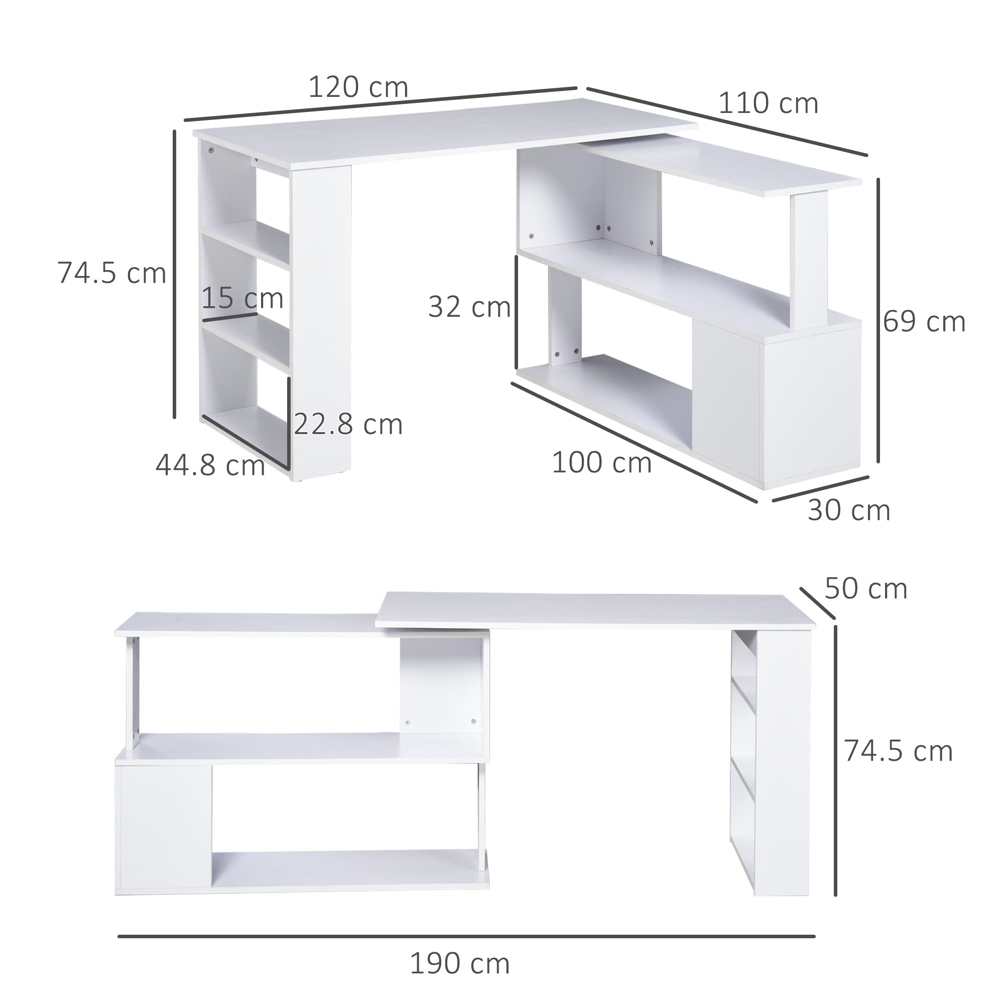 HOMCOM Corner Computer Desk, L Shaped Desk with 360° Rotating Bookshelf, 120L x 110W x 74.5H cm, White 