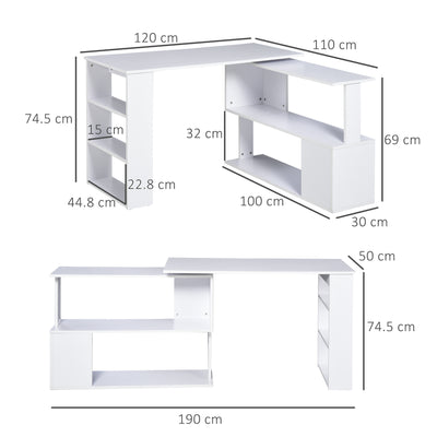 HOMCOM Corner Computer Desk, L Shaped Desk with 360° Rotating Bookshelf, 120L x 110W x 74.5H cm, White 