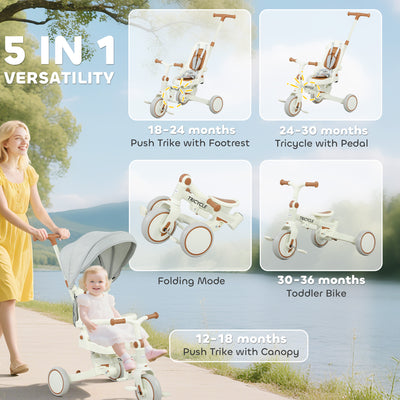 AIYAPLAY 5 in 1 Kids Trike with Adjustable Backrest, Toddler Tricycle with Push Handlebar, Adjustable Backrest, Cream White 