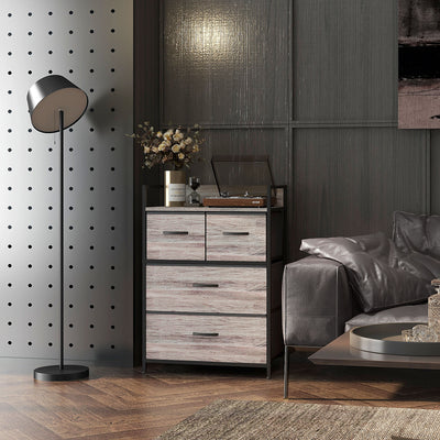 HOMCOM Rustic Chest of Four Fabric Drawers - Grey Wood Effect 