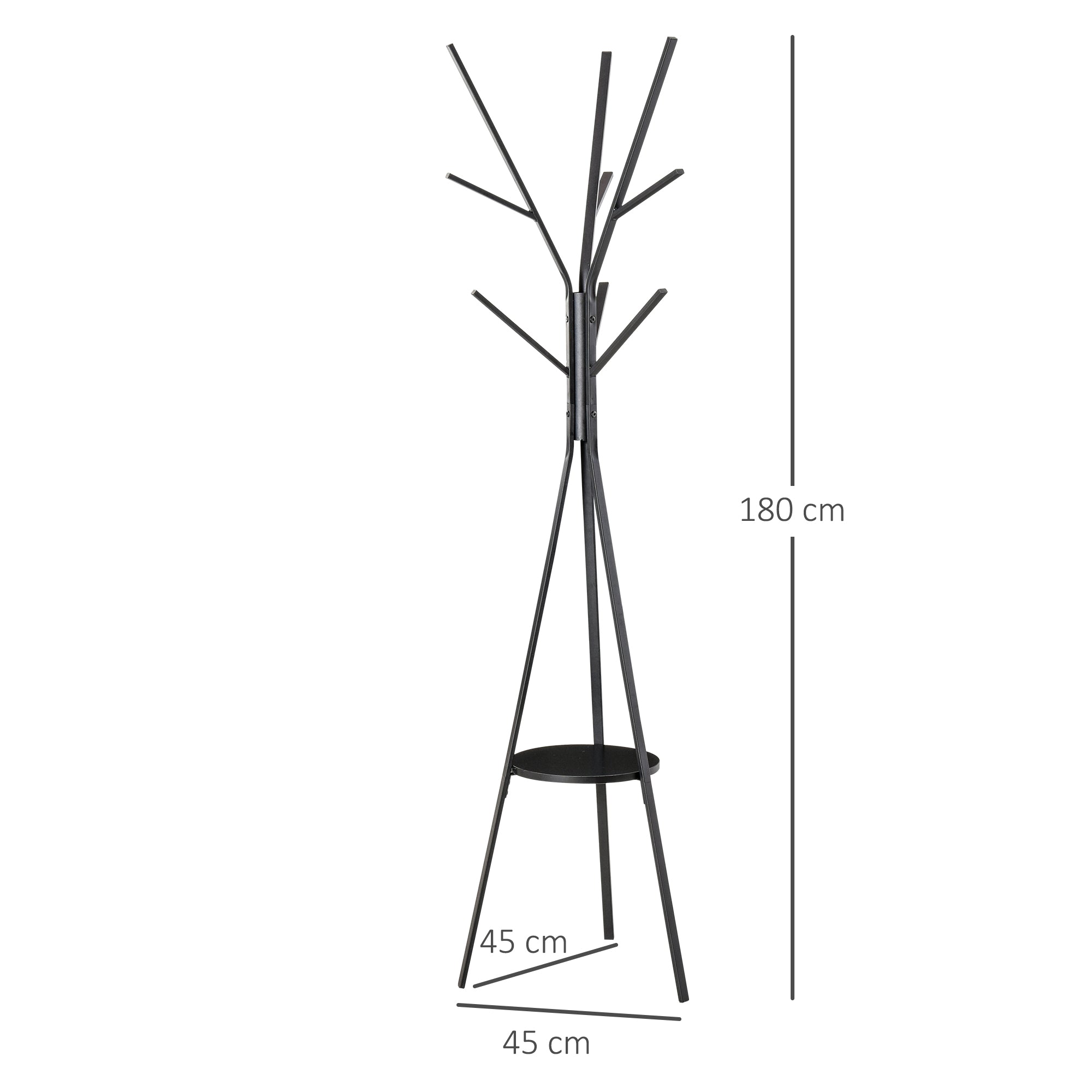 HOMCOM Freestanding Metal Coat Rack Stand 9 Hooks Clothes Tree with 1 Shelf Hat Display Hall Tree Hanger Bag Umbrella Hanging Organiser Black 