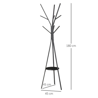 HOMCOM Freestanding Metal Coat Rack Stand 9 Hooks Clothes Tree with 1 Shelf Hat Display Hall Tree Hanger Bag Umbrella Hanging Organiser Black 