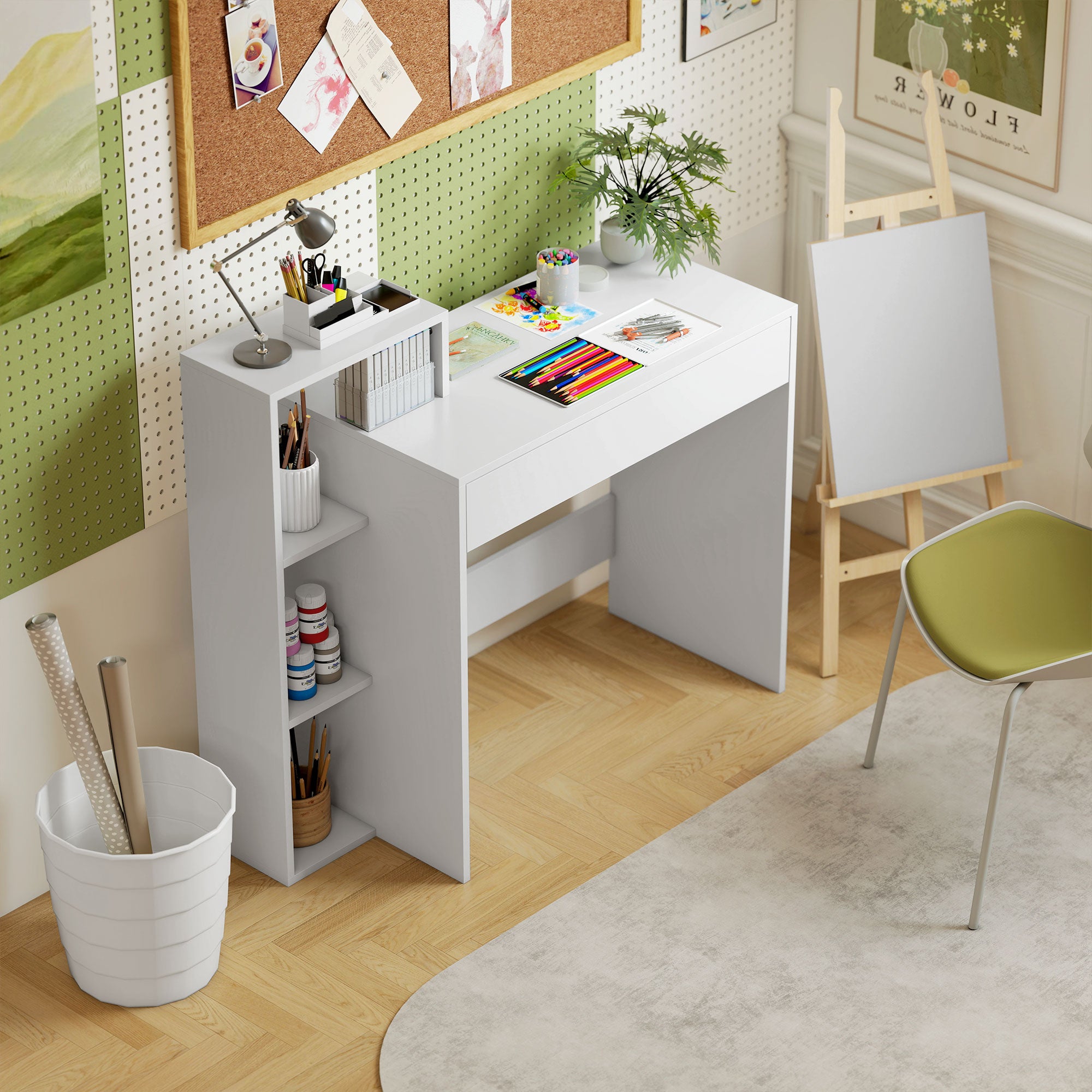HOMCOM Desk with Storage, Computer Desk with 3 Open Shelves and Drawer, Workstation, Computer Table, White 