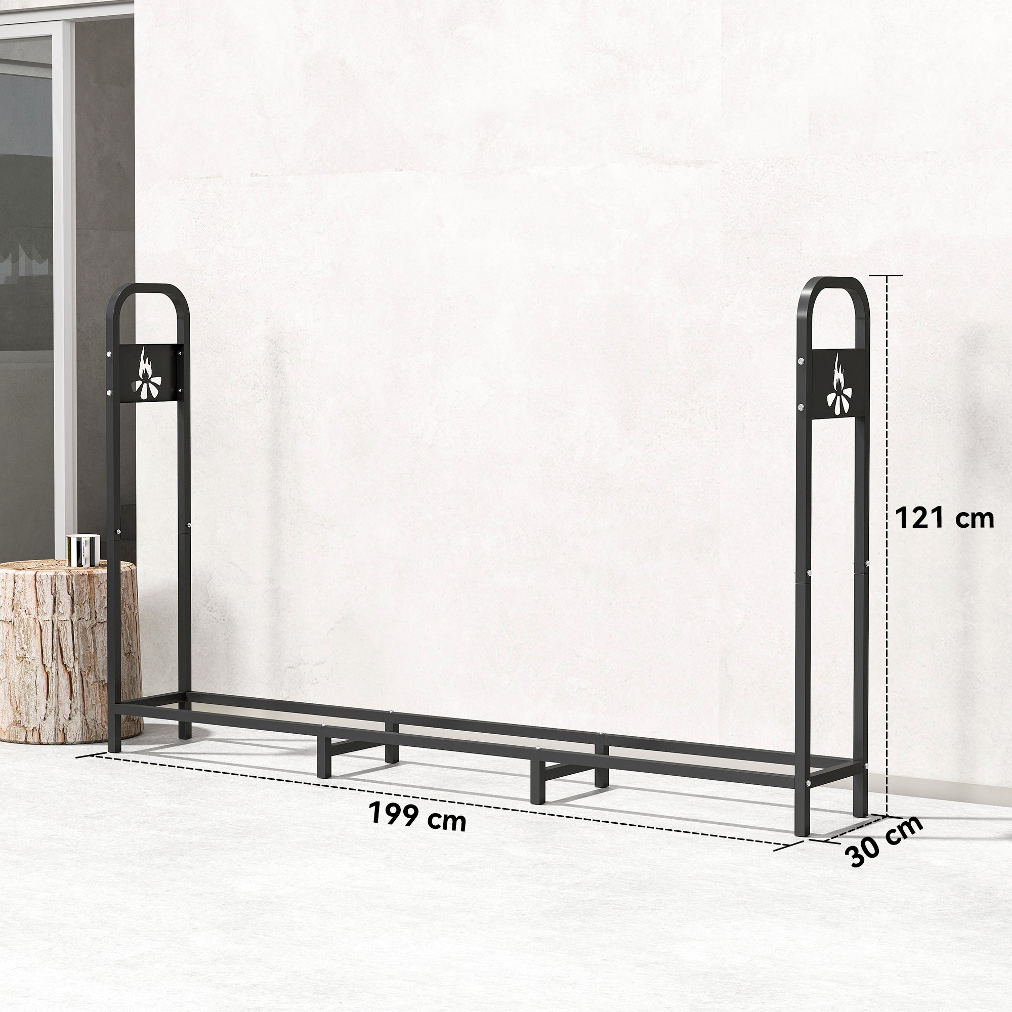 Outsunny 6.5 FT Steel Firewood Log Rack with 300 kg Capacity, Heavy Duty Indoor Outdoor Fireplace Wood Storage Shelf, Log Holder/Stand with Extra Support Legs, Decorative Bonfire Pattern, Black 