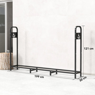 Outsunny 6.5 FT Steel Firewood Log Rack with 300 kg Capacity, Heavy Duty Indoor Outdoor Fireplace Wood Storage Shelf, Log Holder/Stand with Extra Support Legs, Decorative Bonfire Pattern, Black 