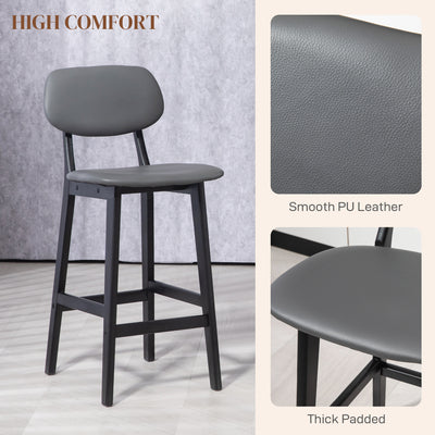 HOMCOM Bar Stools Set of 2, Contemporary Breakfast Bar Chairs, Faux Leather Upholstered Kitchen Stools with Backs and  Solid Wood Legs, Dark Grey 