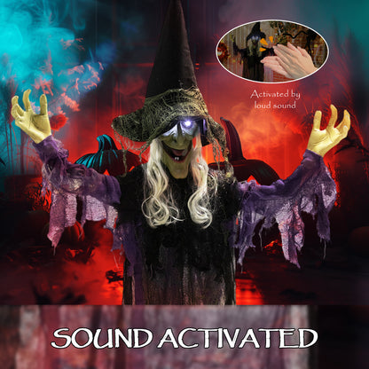 Outsunny 183 cm Life Size Halloween Animated Hanging Witch with Glowing LED Eyes, Spooky Witch Scary Halloween Decorations, Battery Operated, Indoor Party Props