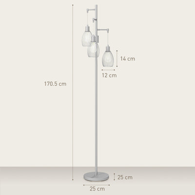 HOMCOM 3-Light Floor Lamp, 170cm Industrial Dimmable Standing Lamp with Steel Wire Cage Lampshades for Living Room, Bedroom, Dining Room, Study, Silver Tone 