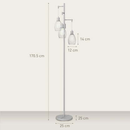 HOMCOM 3-Light Floor Lamp, 170cm Industrial Dimmable Standing Lamp with Steel Wire Cage Lampshades for Living Room, Bedroom, Dining Room, Study, Silver Tone