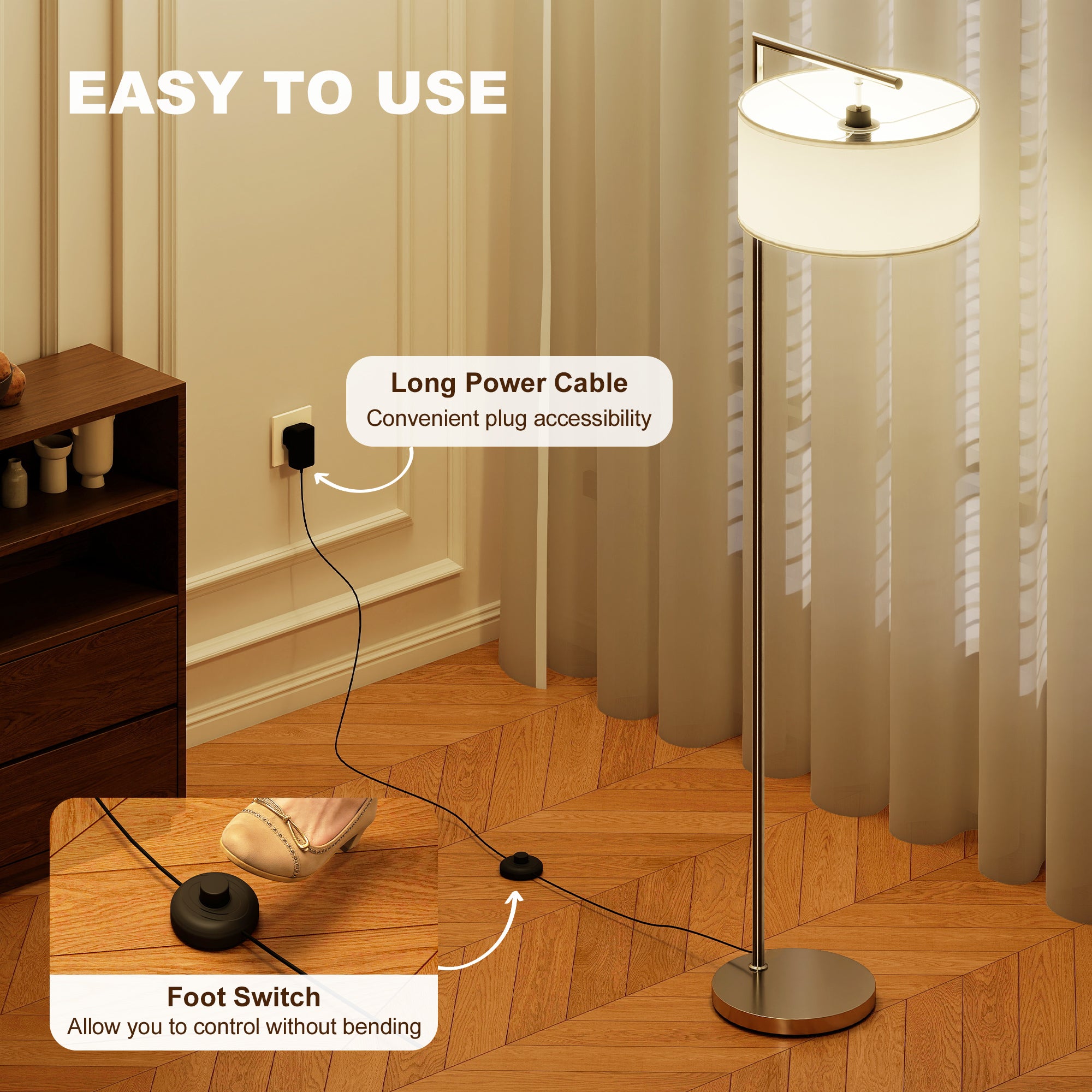 HOMCOM Floor Lamp, Modern Standing Lamp with Linen Lampshade, Round Base for Living Room, Bedroom, Dining Room, 153cm, Silver Tone 