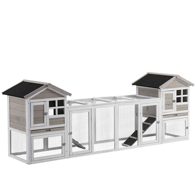 PawHut 2 in 1 Rabbit Hutch Outdoor Guinea Pig Hutch Bunny Run Double Main House with Run, No-Leak Tray 259 x 64 x 92cm, Grey 