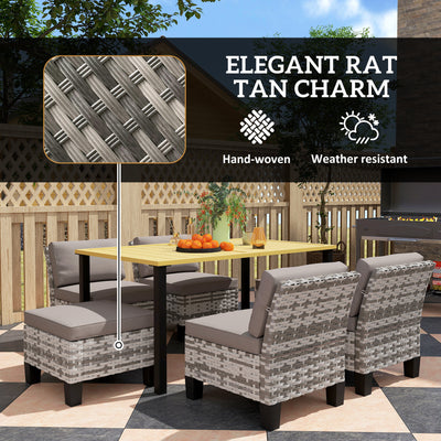 Outsunny 7-Piece Rattan Garden Dining Set, 6 Seater Wicker Garden Furniture Set with Seat and Back Cushions, Umbrella Hole, Patio Table and Chairs with Slatted Metal Top Table for Balcony, Grey 