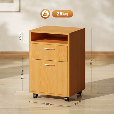 HOMCOM 60cm Filing Cabinet with Drawer, Open Shelf, Metal Handles and 4 Wheels, Office Home Organiser Mobile Printer, Natural Wood Finish 