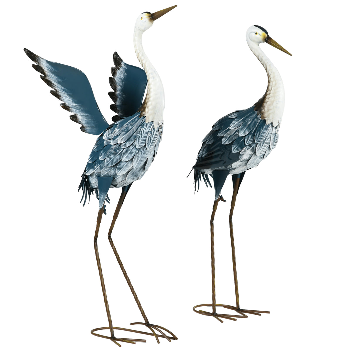 Outsunny Heron Garden Statues, Standing Garden Ornament, Metal Garden Gift with Stakes, Blue & White 