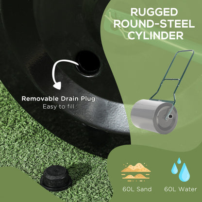 Outsunny φ50cm Steel Garden Lawn Roller Push Pull w/ Fillable Cylinder Water Sand Plug Lawn Flatten Seed Sow Rolling Drum w/ Handle 