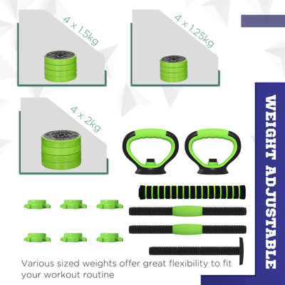 SPORTNOW 20kg Four-In-One Adjustable Weight Dumbbells Set, Barbell, Kettlebell, Push Up Stand - Green 