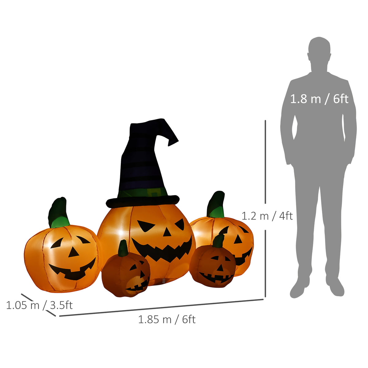 Outsunny 6ft Inflatable Halloween Large Pumpkin in Hat with Four Small Pumpkins, Blow-Up Outdoor LED Display for Lawn, Garden, Party 