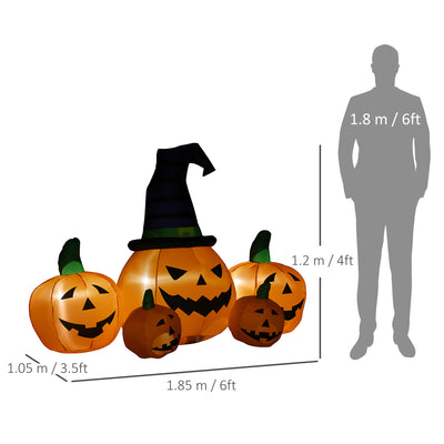 Outsunny 6ft Inflatable Halloween Large Pumpkin in Hat with Four Small Pumpkins, Blow-Up Outdoor LED Display for Lawn, Garden, Party 