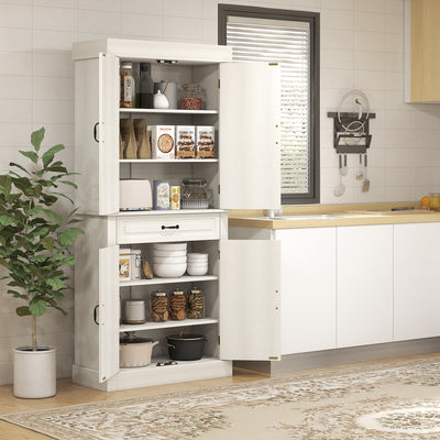 HOMCOM Kitchen Cupboard with 4 Doors, Freestanding Storage Cabinet with Wide Drawer and Shelves for Living Room, 180cm, White Wood Grain 
