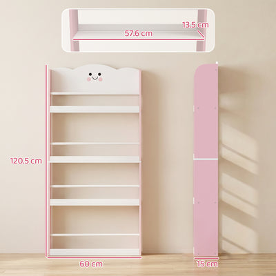 AIYAPLAY 4 Tier Kids Bookshelf, Wall-Mounted Children Bookcase, Toddler Space-Saving Bookcase for Kids Room, Playroom, Pink