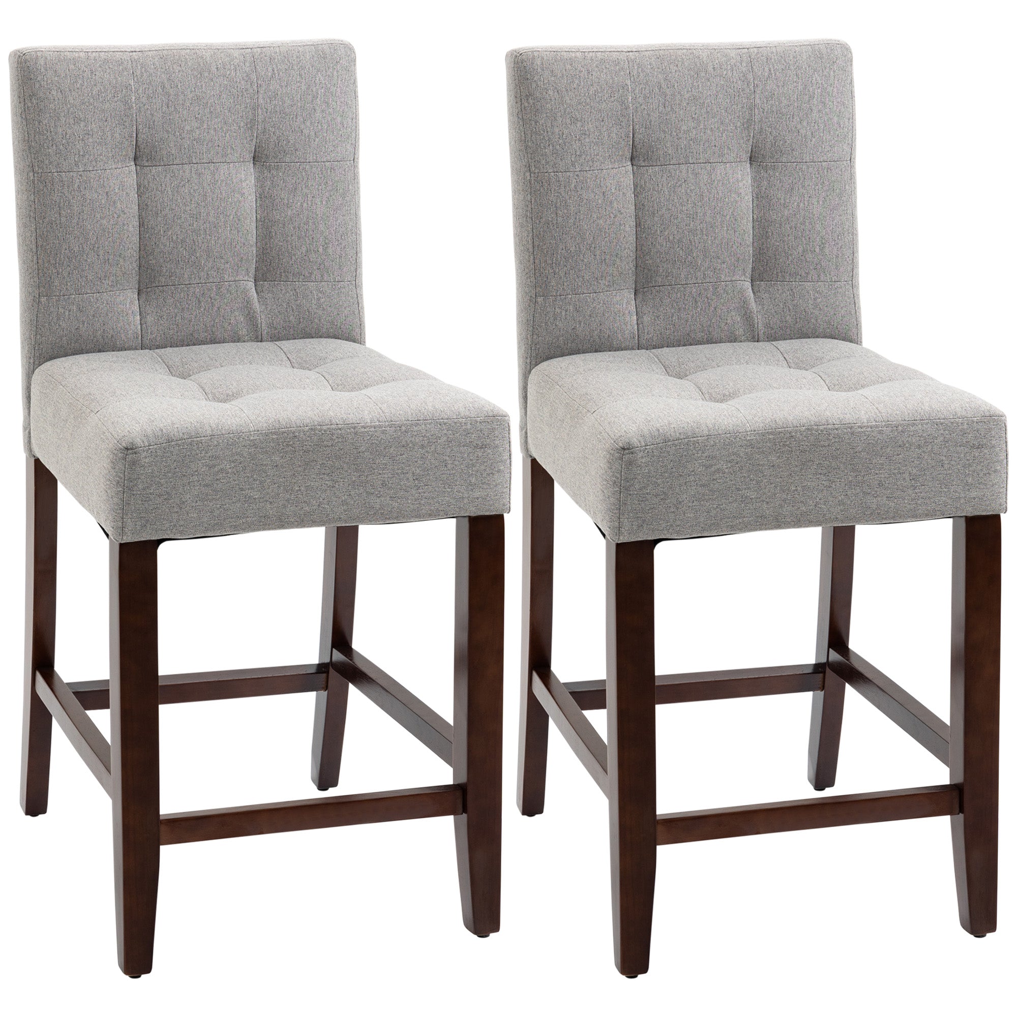 HOMCOM Modern Fabric Bar Stools Set of 2, Thick Padding Kitchen Stool, Bar Chairs with Tufted Back, Wood Legs, Grey 
