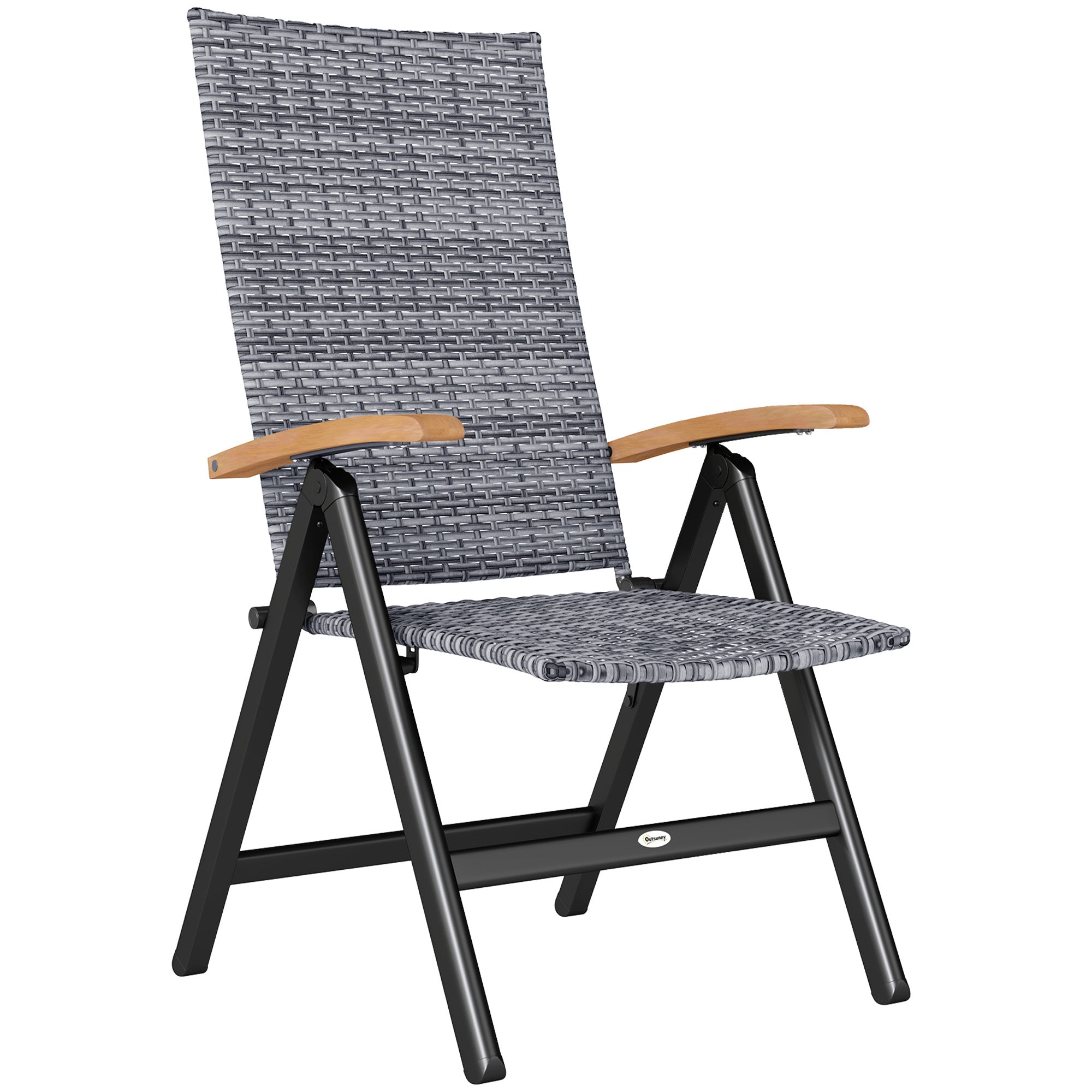 Outsunny Outdoor Folding Rattan Chair with Armrests, High Backrest, for Garden, Camping, Balcony, Porch - Light Grey 
