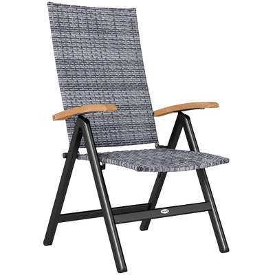 Outsunny Outdoor Folding Rattan Chair with Armrests, High Backrest, for Garden, Camping, Balcony, Porch - Light Grey 