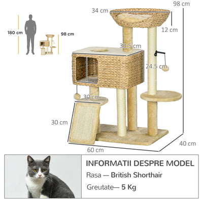 PawHut 95cm Cat Tree Tower for Indoor Cats, with Scratching Post, Cat House, Toy Ball, Platform - Beige 