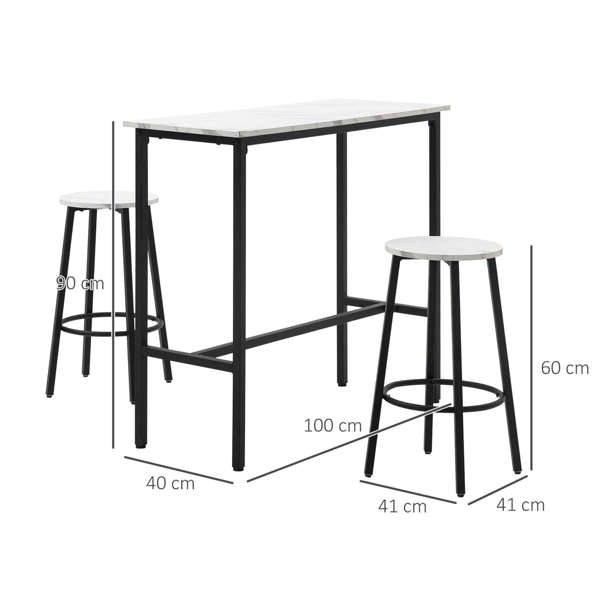 HOMCOM Three-Piece Marble-Effect Bar Table Set - White/Black 