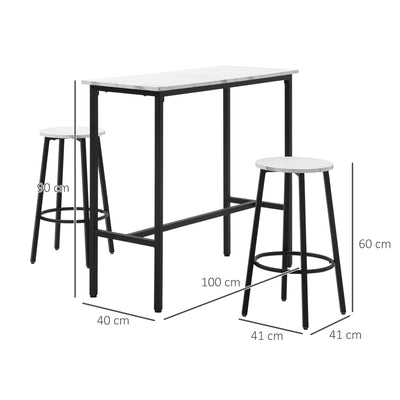 HOMCOM Three-Piece Marble-Effect Bar Table Set - White/Black 