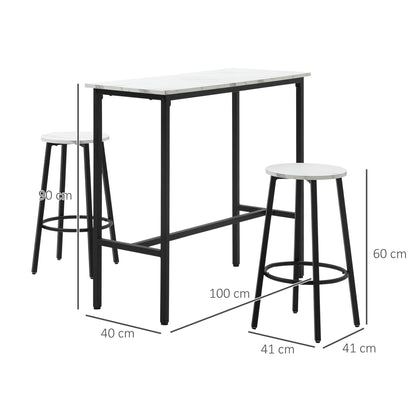 HOMCOM Three-Piece Marble-Effect Bar Table Set - White/Black 