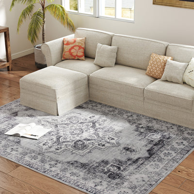 HOMCOM Vintage Area Rug, Non-Slip Washable Rug, Flannel Floor Carpet for Living Room, Bedroom, Dining Room, Home Office, 230 x 160 cm, Grey 