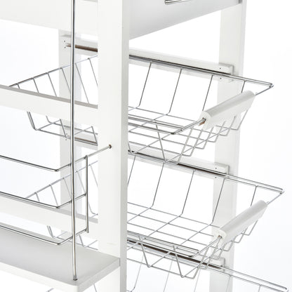 HOMCOM Rolling Kitchen Cart, Utility Storage Cart with 4 Basket Drawers & Side Racks, Wheels for Dining Room, White 