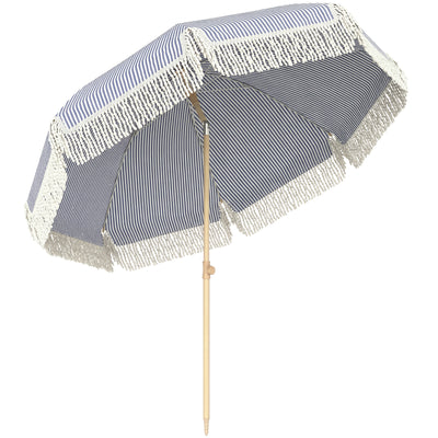 Outsunny 1.7 m Beach Umbrella with Sand Anchor, 30° Tilting Fringed Beach Garden Parasol with Adjustable Height, Blue 