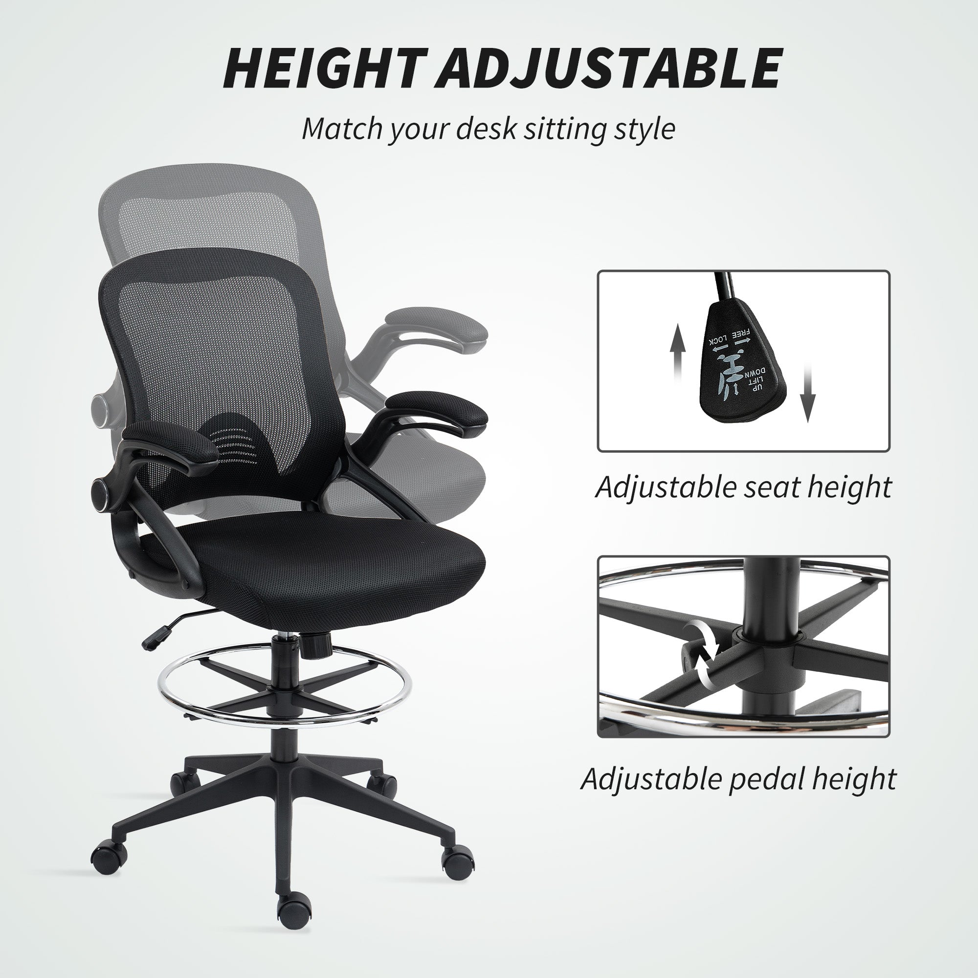 Vinsetto Drafting Chair with Flip-up Armrest, Mesh Office Stool with Foot Ring, 360° Swivel Height Adjustable Chair for Standing Desk, Black 