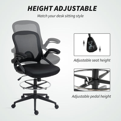 Vinsetto Drafting Chair with Flip-up Armrest, Mesh Office Stool with Foot Ring, 360° Swivel Height Adjustable Chair for Standing Desk, Black 