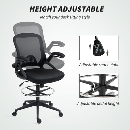 Vinsetto Drafting Chair with Flip-up Armrest, Mesh Office Stool with Foot Ring, 360° Swivel Height Adjustable Chair for Standing Desk, Black 