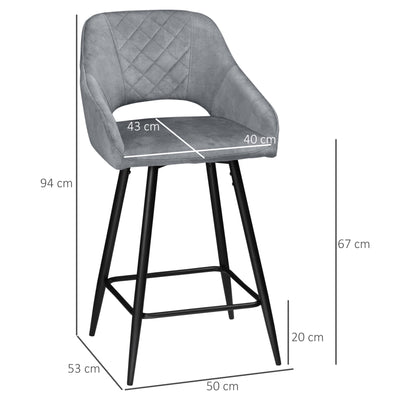 HOMCOM Bar Stools Set of 2, Velvet-Touch Fabric Counter Height Bar Chairs, Kitchen Stools with Steel Legs for Dining Area, Kitchen Island Barstools, Grey 