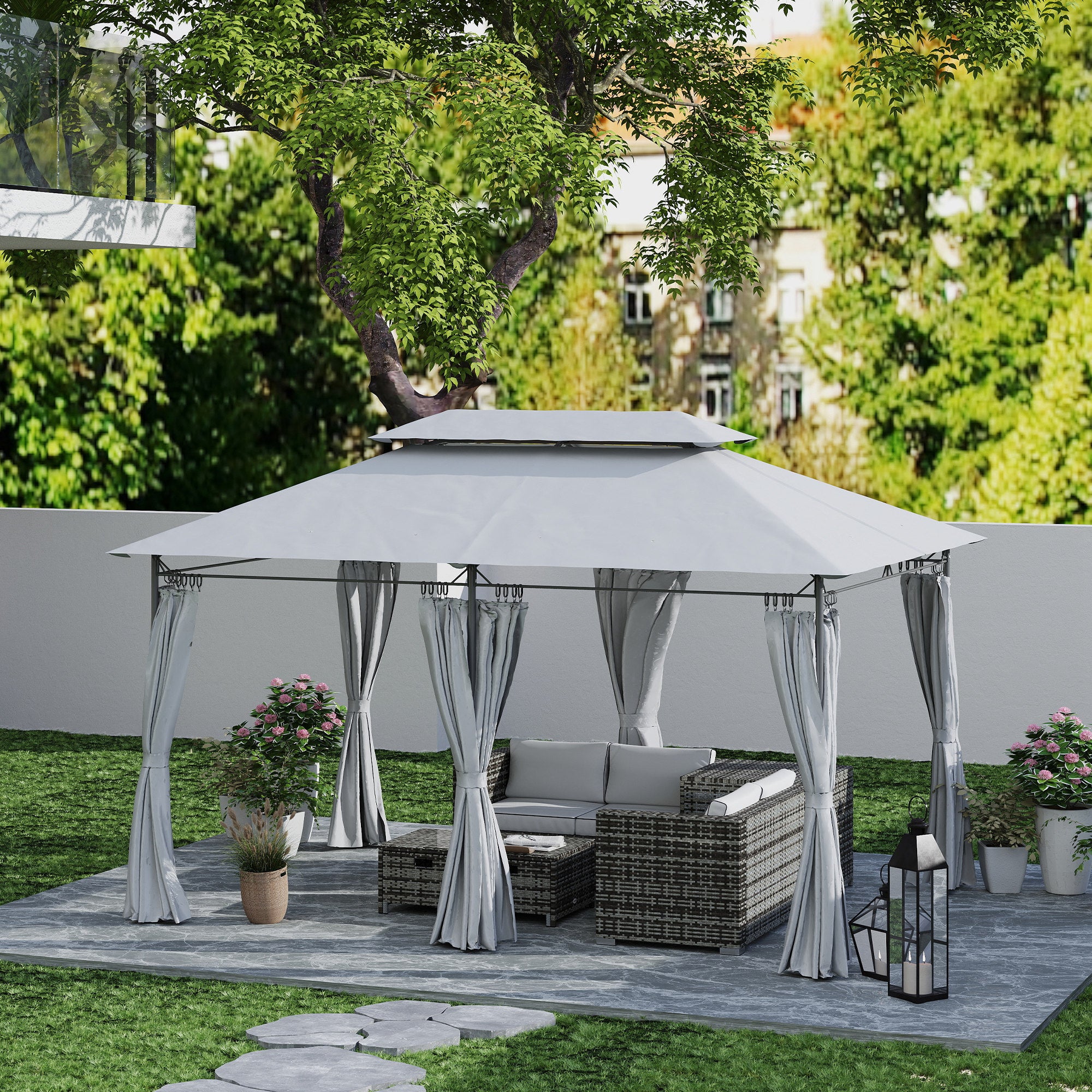 Outsunny 3 x 4m Metal Frame, Two-Tier Roof Gazebo - Dark Grey 