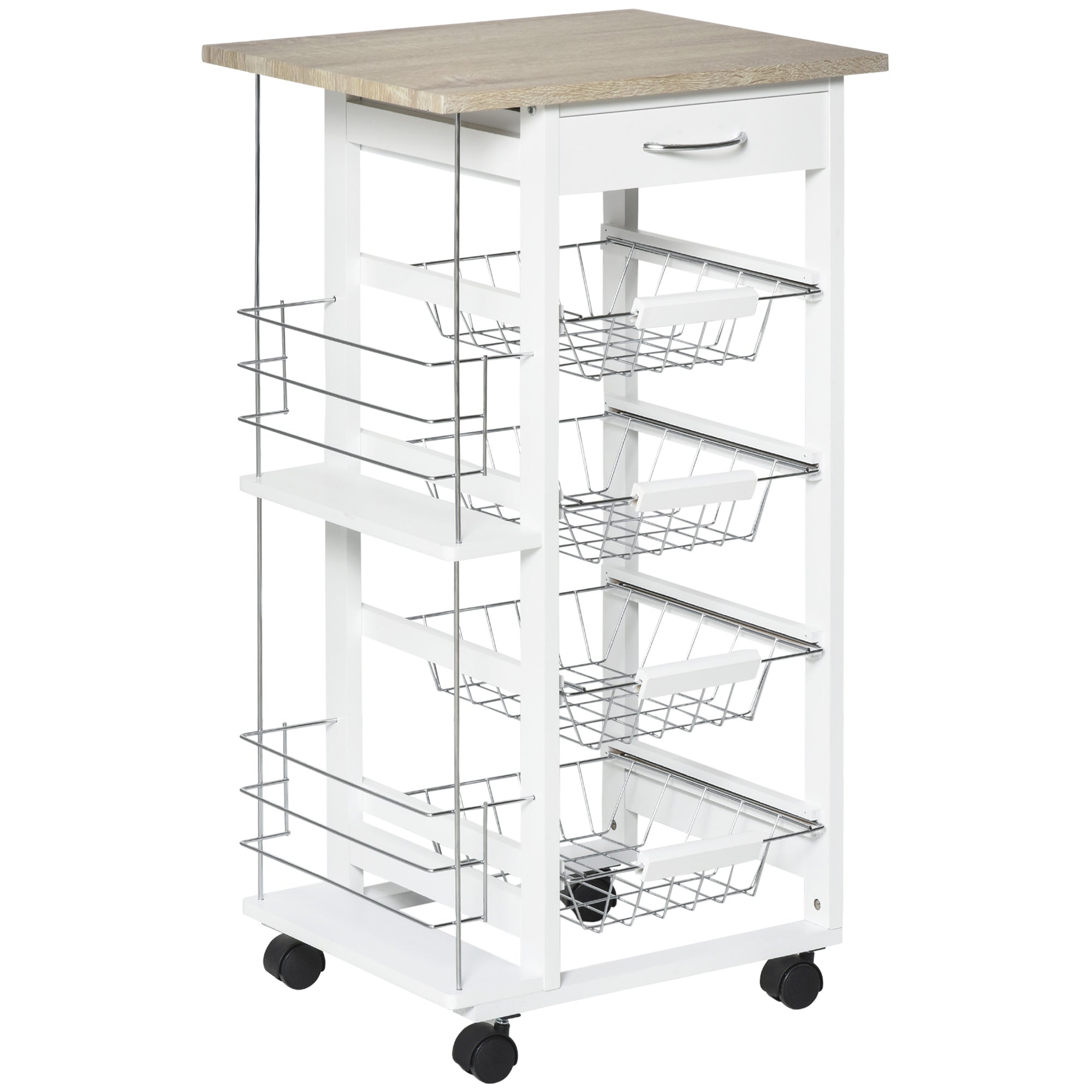 HOMCOM Rolling Kitchen Cart, Utility Storage Cart with 4 Basket Drawers & Side Racks, Wheels for Dining Room, Natural and White 