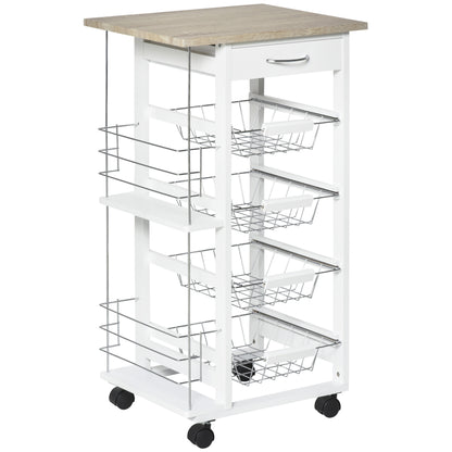HOMCOM Rolling Kitchen Cart, Utility Storage Cart with 4 Basket Drawers & Side Racks, Wheels for Dining Room, Natural and White 