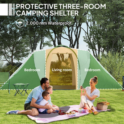 Outsunny Large Camping Tent Tunnel Tent with 2 Bedroom and Living Area, 2000mm Waterproof, Portable with Bag for 4-6 Man, Green 