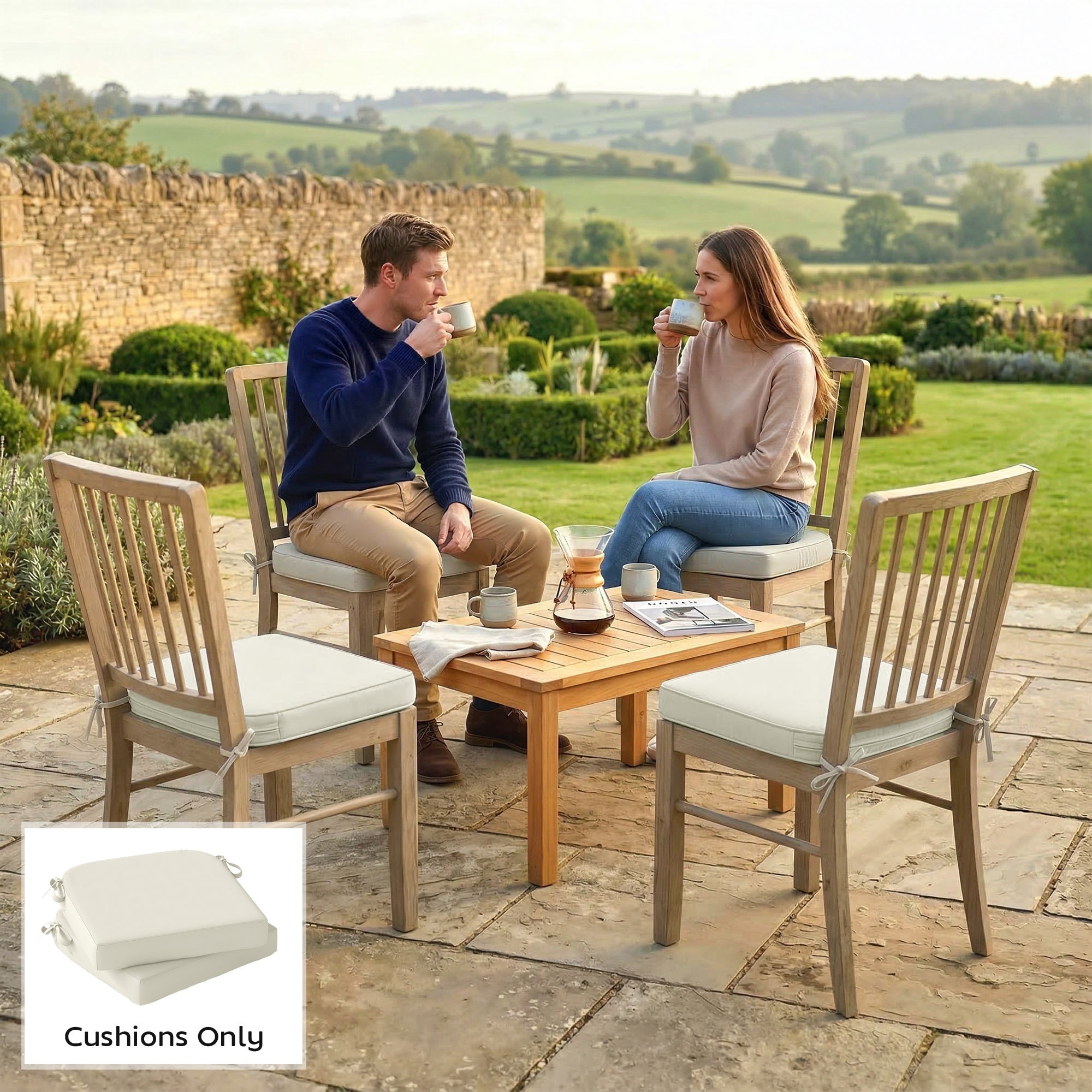 Outsunny Outdoor Chair Seat Cushions Set of 2, Garden Chair Cushions with 7cm Thick Foam & Ties, Cream White 